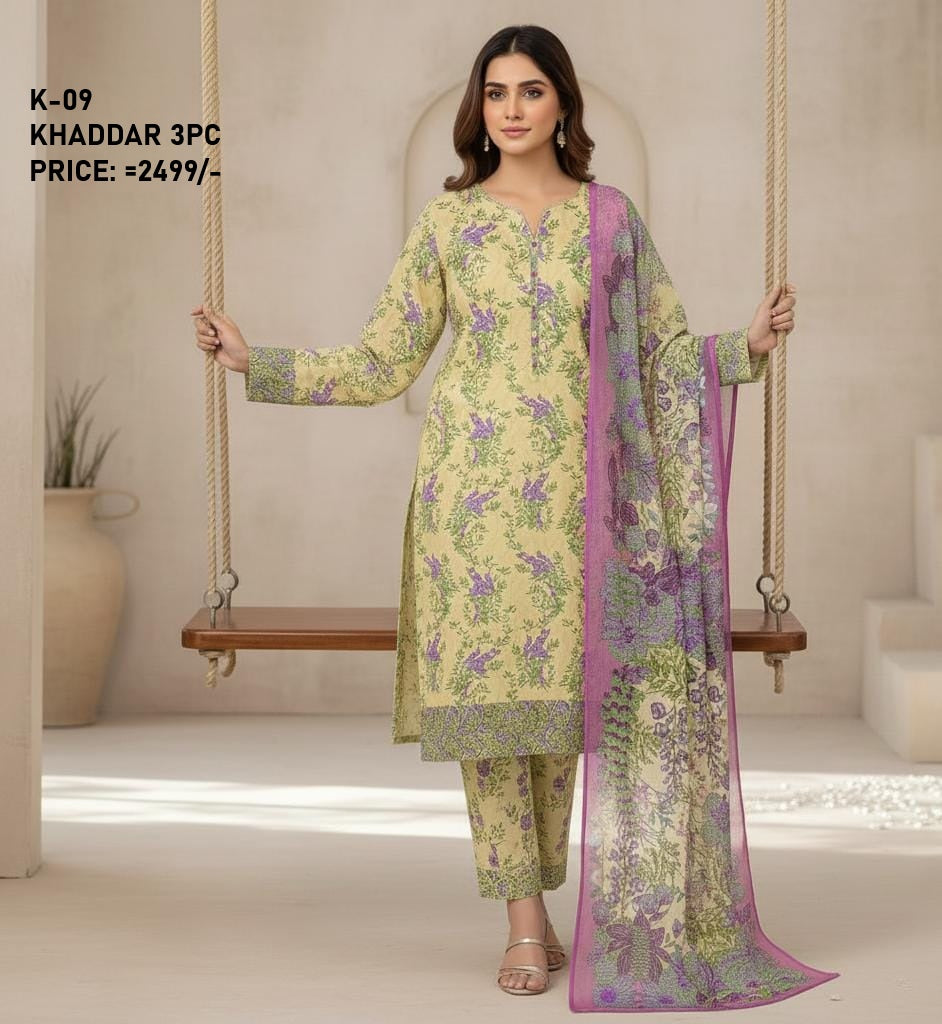 K-9 Khaddar 3pc Digital Printed Suit With Digital Printed Khaddar Dupatta