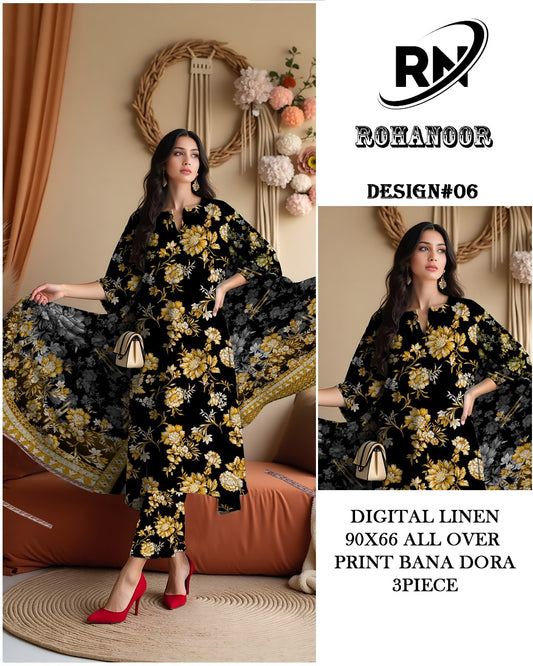 Premium Digital Linen All Over – Elegant Printed Unstitched Fabric | Roha Noor Collection