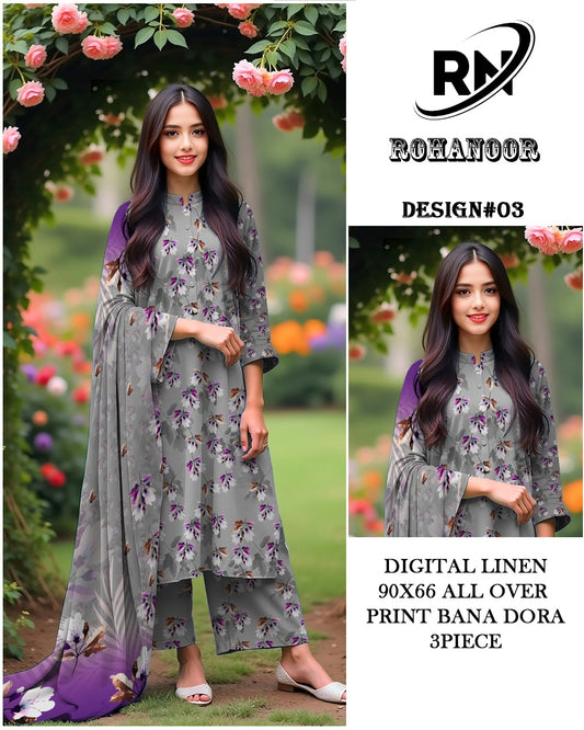 Premium Digital Linen All Over – Elegant Printed Unstitched Fabric | Roha Noor Collection
