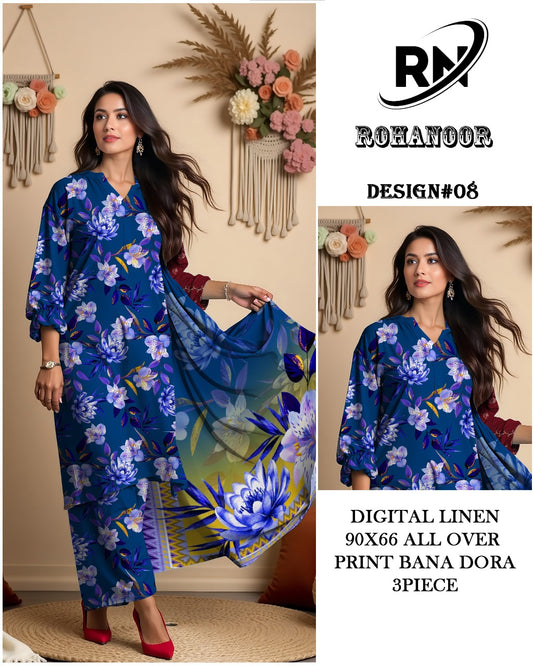 Premium Digital Linen All Over – Elegant Printed Unstitched Fabric | Roha Noor Collection