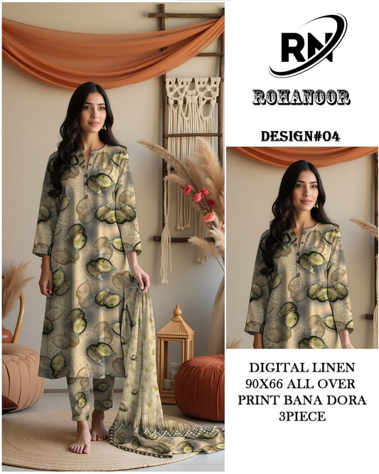 Premium Digital Linen All Over – Elegant Printed Unstitched Fabric | Roha Noor Collection