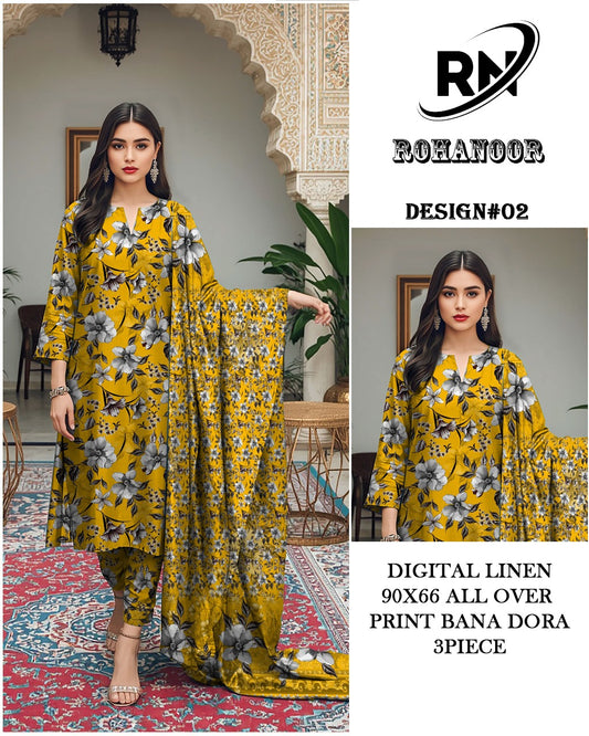 Premium Digital Linen All Over – Elegant Printed Unstitched Fabric | Roha Noor Collection