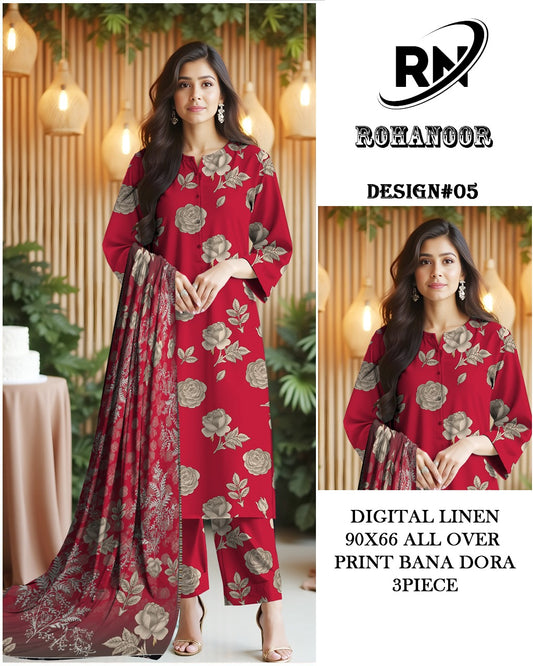 Premium Digital Linen All Over – Elegant Printed Unstitched Fabric | Roha Noor Collection