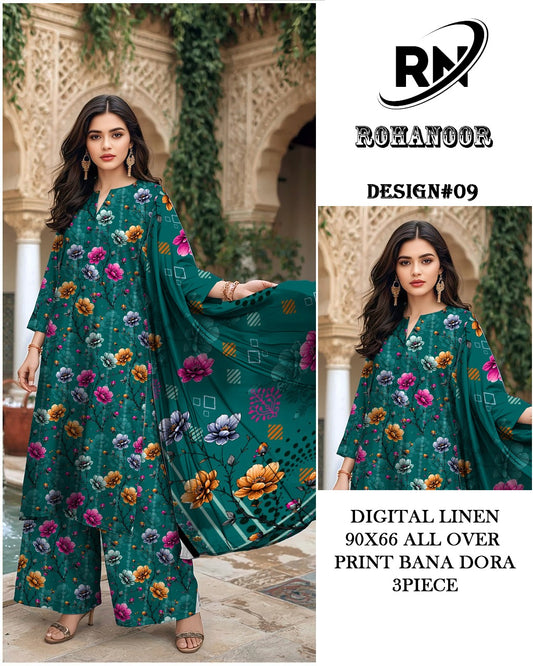 Premium Digital Linen All Over – Elegant Printed Unstitched Fabric | Roha Noor Collection