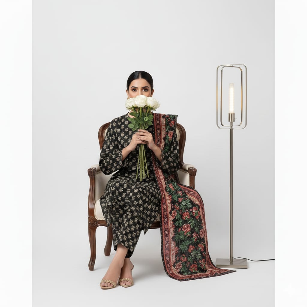 A-43 Khaddar 3pc Digital Printed Suit With Digital Printed Khaddar Dupatta