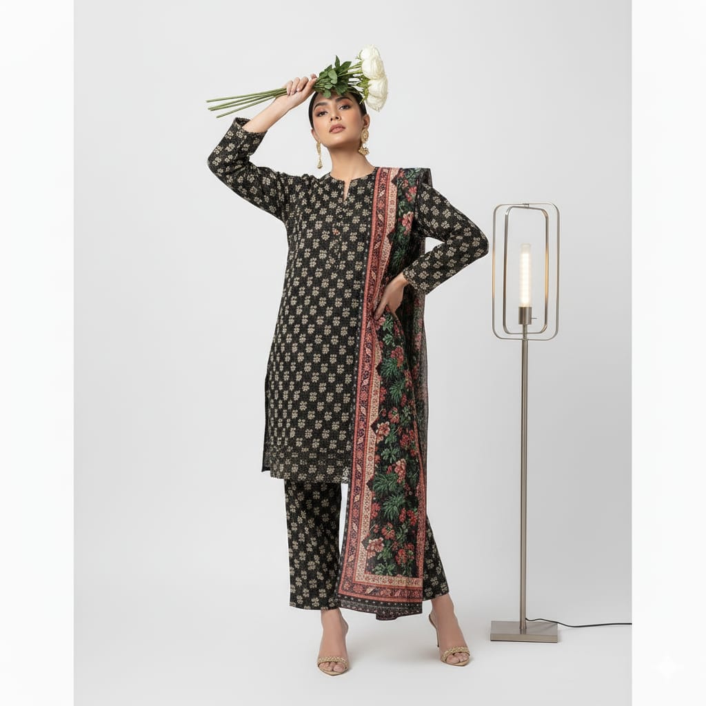 A-43 Khaddar 3pc Digital Printed Suit With Digital Printed Khaddar Dupatta